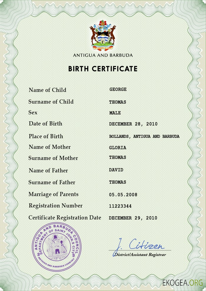 Modèle PSD de certificat de naissance d'Antigua et Barbuda